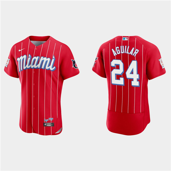 Men's Miami Marlins #24 Jesus Aguilar Red 2021 City Connect Flex Base Stitched MLB Jersey